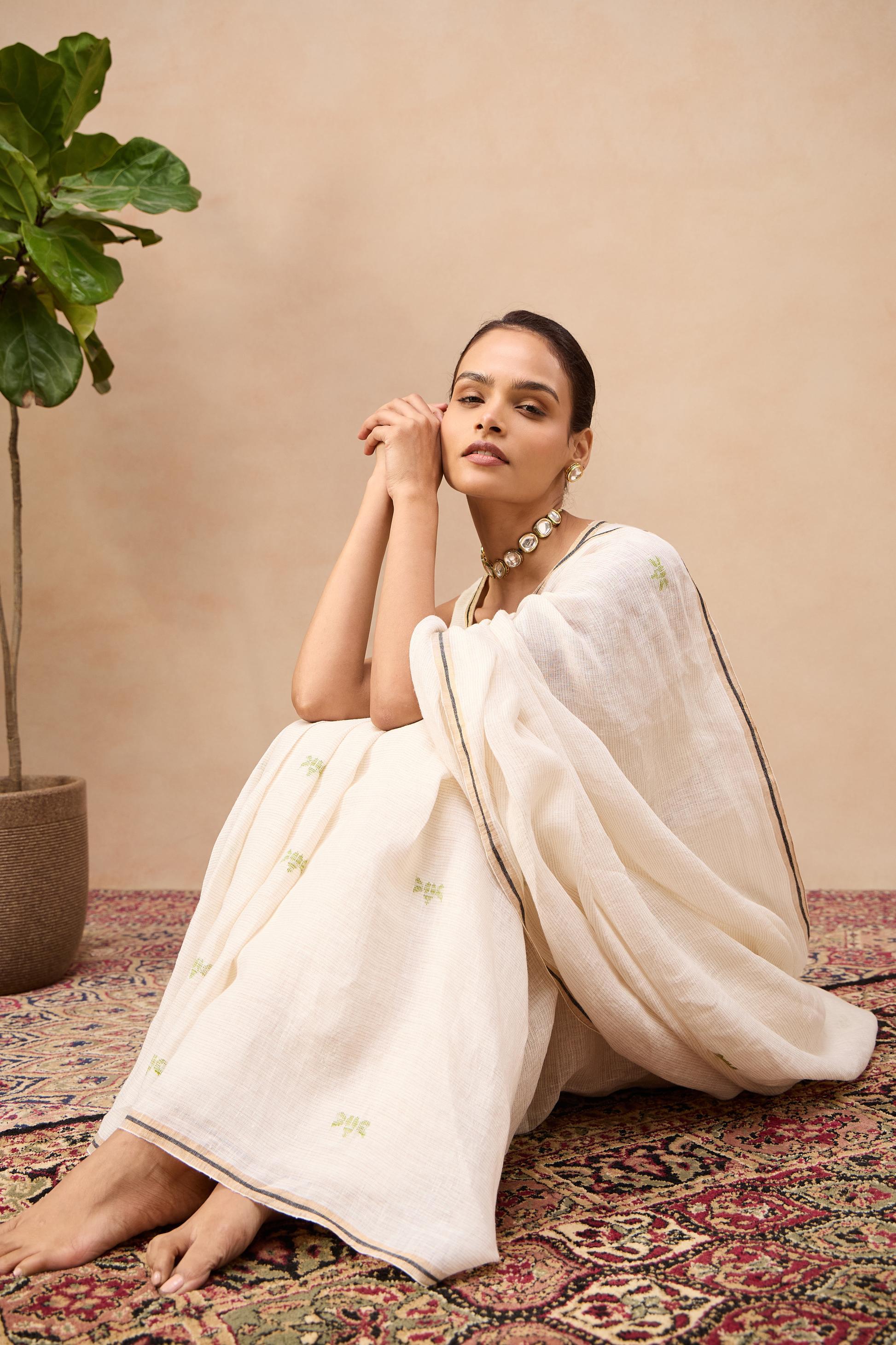 Linen Zari Jamdani sarees - handwoven saree - artisan-crafted traditional weave